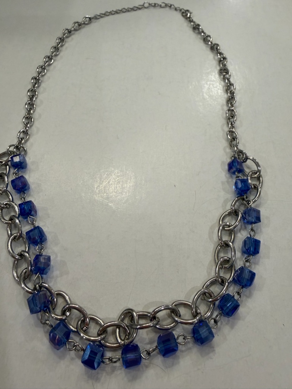 Silver Chain Necklace with Blue Beads - Women's Jewelry